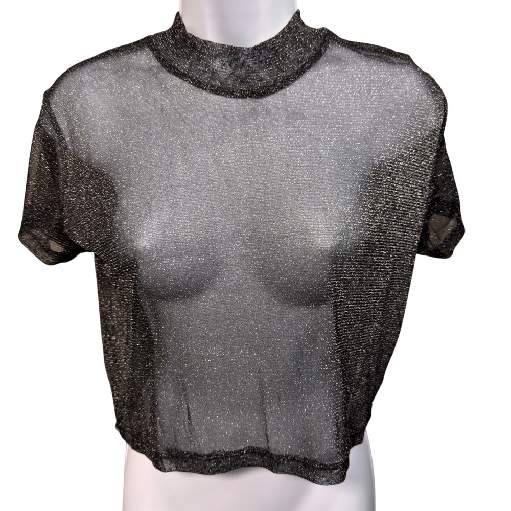 NWT COTTON‎ ON Black Metallic Mesh Crop Top M Grunge Goth Festival Punk Fetish
